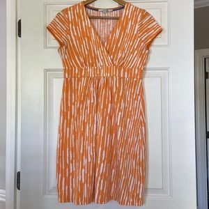 Boden causal Jersey dress Orange and White.  V-Neck Faux wrap, 8 Petite, VGUC